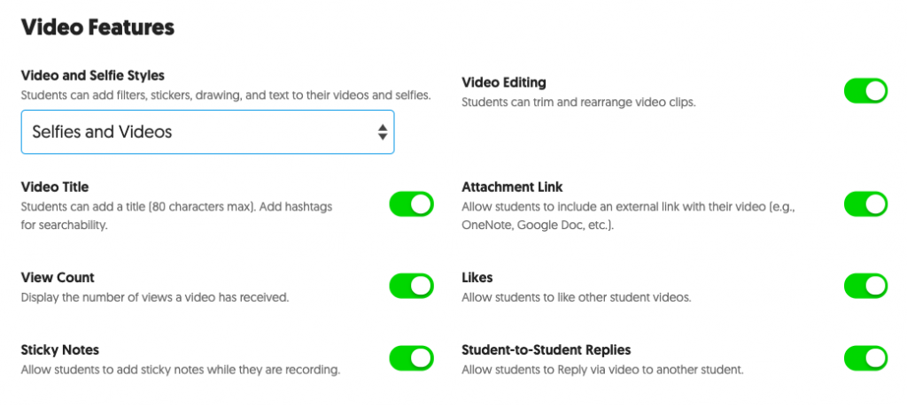 Screenshot of various features that can be turned on and off within a topic using slider buttons