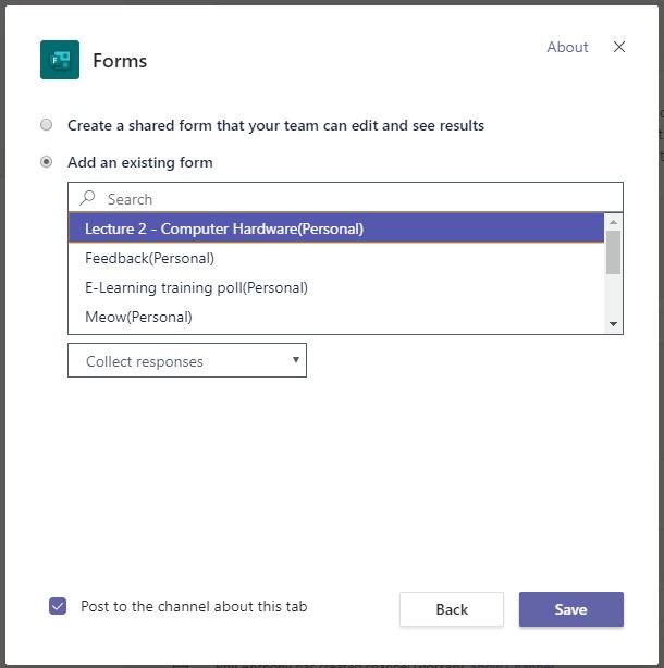A screenshot showing the options to add an existing form when adding a form to a team