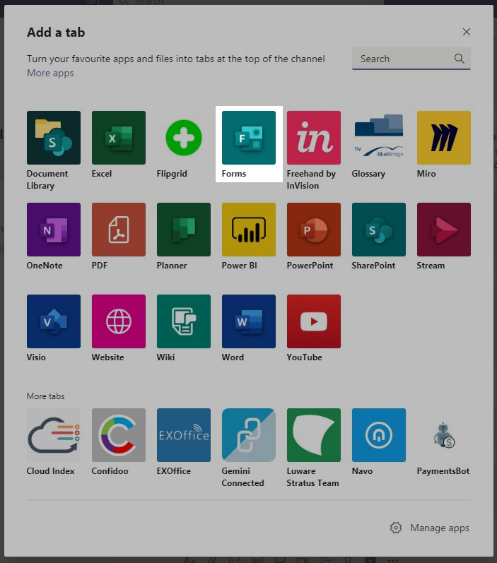 A screenshot of the array of apps available when adding an app to a team