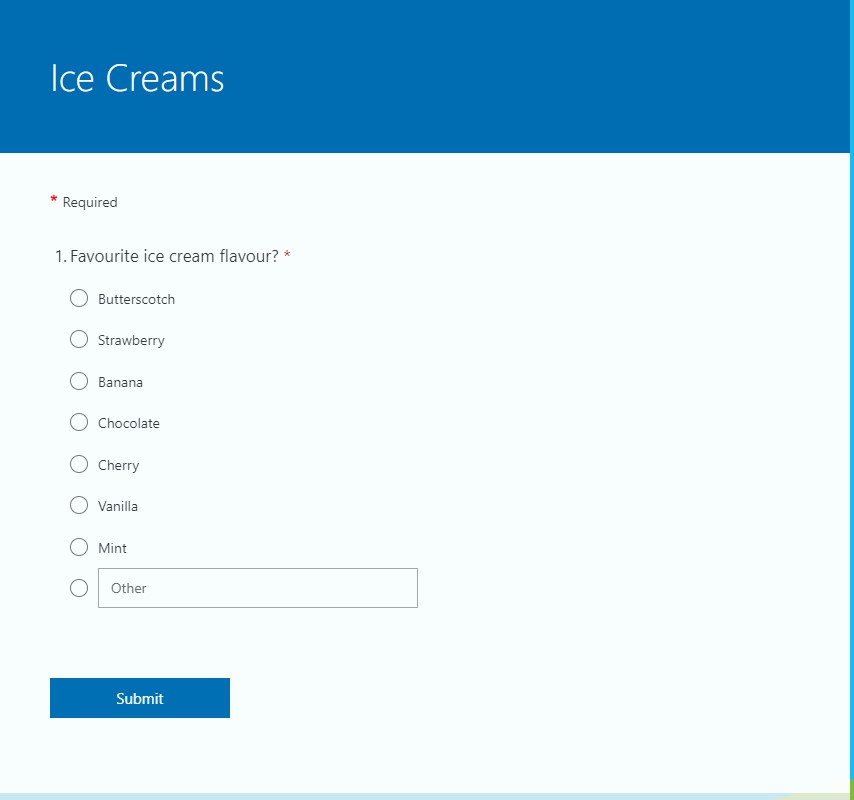 A screenshot of a form asking what their favourite ice cream flavour is