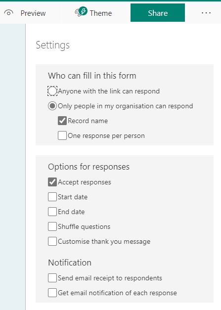 A screenshot showing the options available for a form.