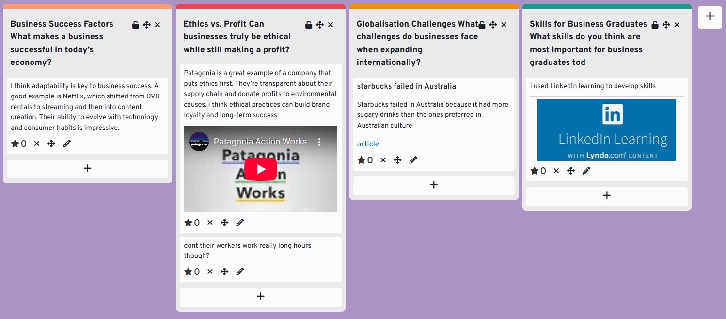 image of a sample Moodle board with business topic
