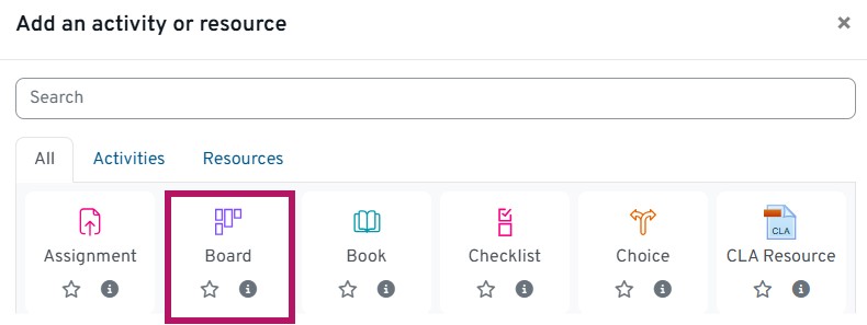 image of activity picker on Moodle 2025 with board highlighted