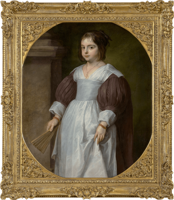 Portrait of a Young Girl in a White Apron by Anthony van Dyke mounted on a golden ornamented frame.