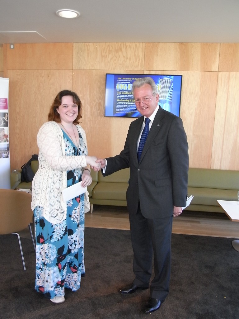 Emma Murton receives her prize from Deputy Vice-Chancellor, Keith Mander