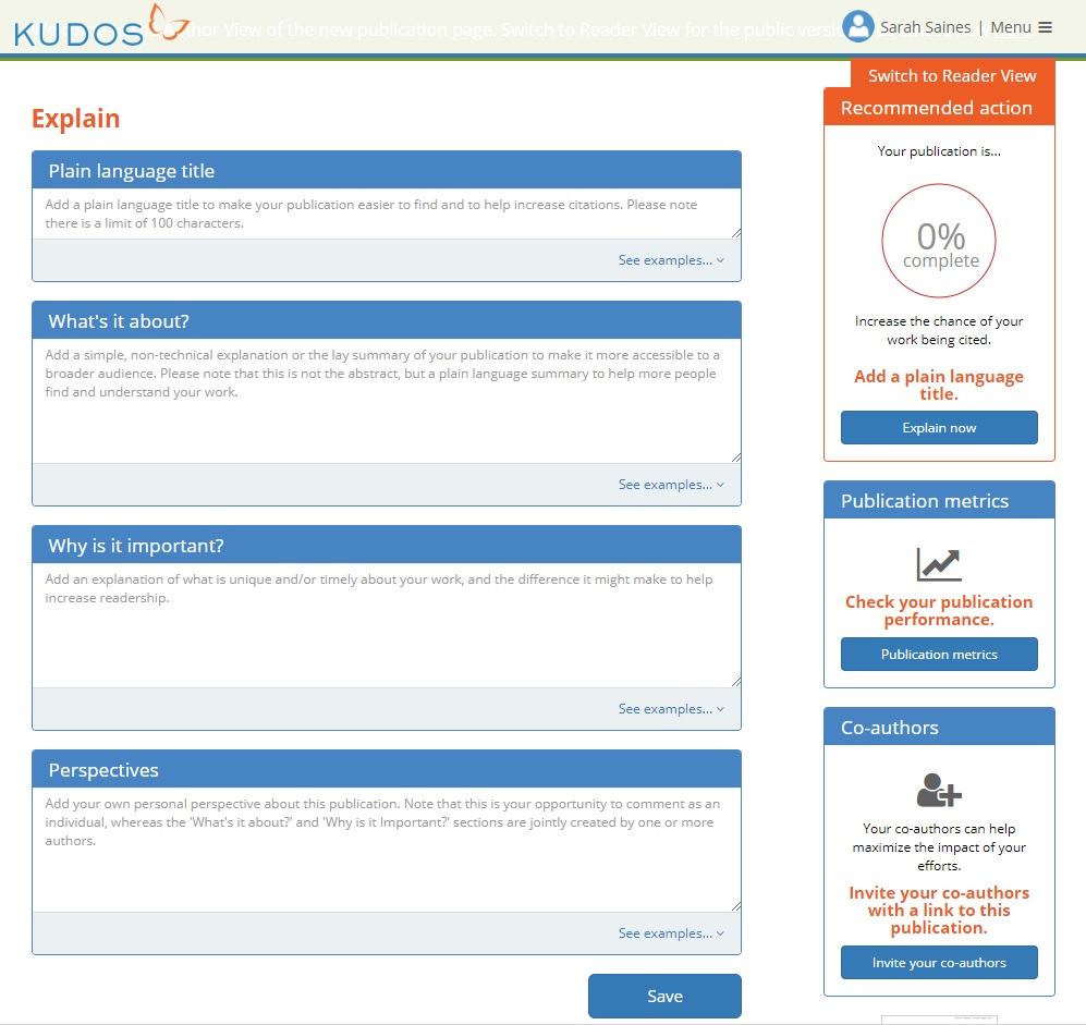 Screenshot of the author view provided by Kudos