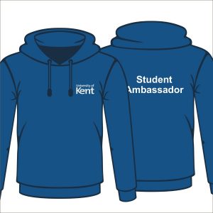 Image of a blue hoodie with the words 'Student Ambassador' printed on the back and the University of Kent logo on the front