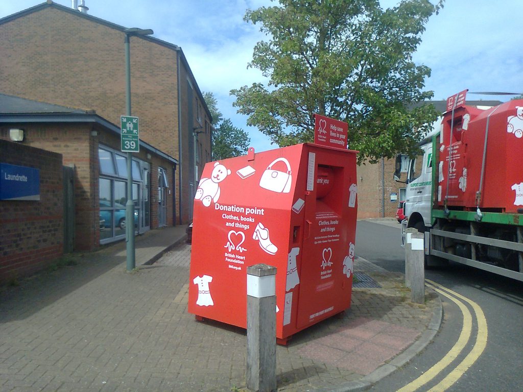 Outside the launderette at Bossenden Court in Park Wood, University of Kent, a new clothing bank for the British Heart Foundation is installed, ready for students' donations. 