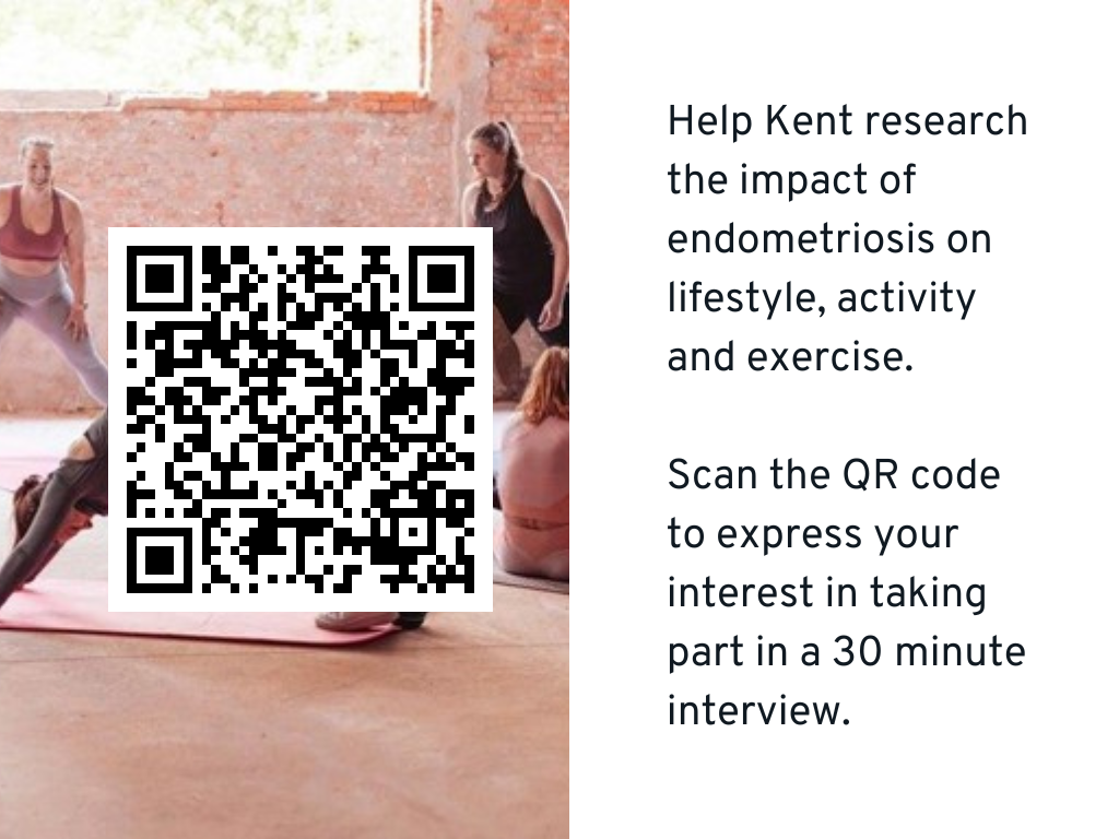A QR code and prompt to scan to express interest in taking part in a 30 minute interview about endometriosis
