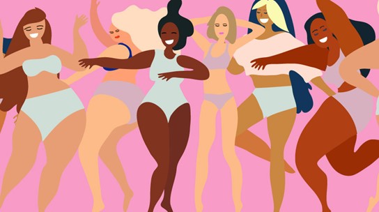 A cartoon of women of different shapes and ethnicities in their underwear
