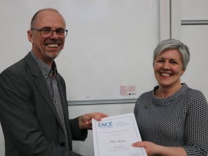 Professor Chris Thomas and Dr Gail Austen, winner of the Fiona Alexander prize for PhD research