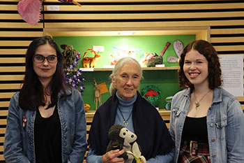 Jane Goodall with BSc Wildlife Conservation students Chandra Pasquil (left) and Hannah Parker.