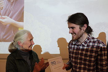 Jane Goodall with Kieran Richardson, winner of the Sir Robert Worcester prize for Outstanding Undergraduate Student.