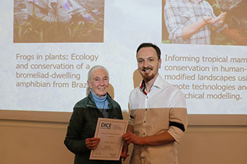 Jane Goodall with Dr Nicolas Deere, winner of the Mike Walkey Prize (with Dr Izabela Barata) for Outstanding PhD Research.