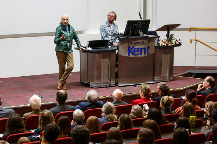 Dr Jane Goodall on stage in the Woolf Lecture Theatre