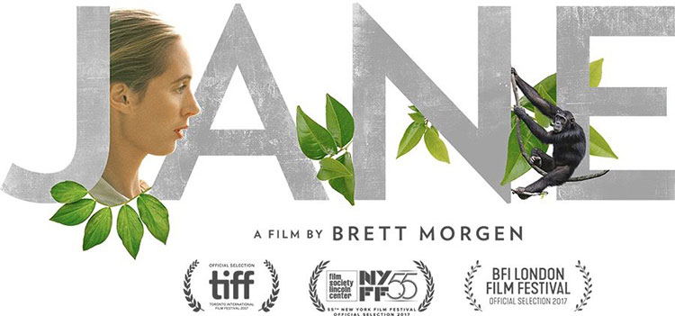 Poster for Jane with young Jane Goodall on the right of her first name (and title of the film) and a swinging arboreal primate to the left.