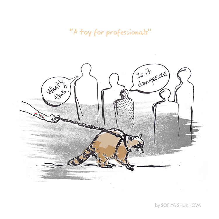 "A toy for professionals" - Illustration by Sofiya Shukhova featuring a badger on a leash being presented to a questioning public - "What is this?", "Is it dangerous?" can be overheard.