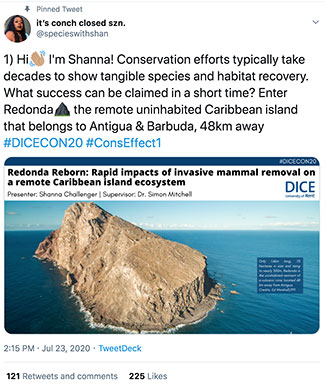 Shanna Challenger's first tweet: "Hi, I'm Shanna! Conservation efforts typically take decades to show tangible species and habitat recovery. What success can be claimed in a short time? Enter Redonda, the remote, uninhabited Caribbean island that belongs to Antigua and Barbuda, 48km away #DICECON20"