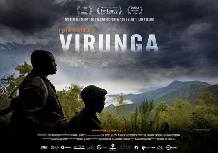Virunga film poster featuring a moody image of a Congolese man and boy silhouetted against the National Park.