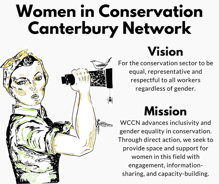 WCCN logo: Vision - For the conservation sector to be equal, representative and respectful to all workers regardless of gender. Mission - WCCN advances inclusivity and gender equality in conservation. Through direct action. we seek to provide space and support for women in this field with engagement, information-sharing and capacity-building.