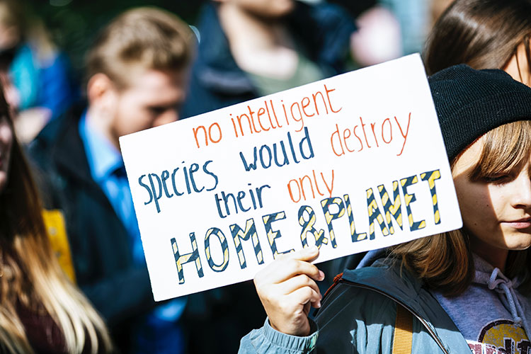 Placard reading 'No intelligent species would destroy their only home and planet'