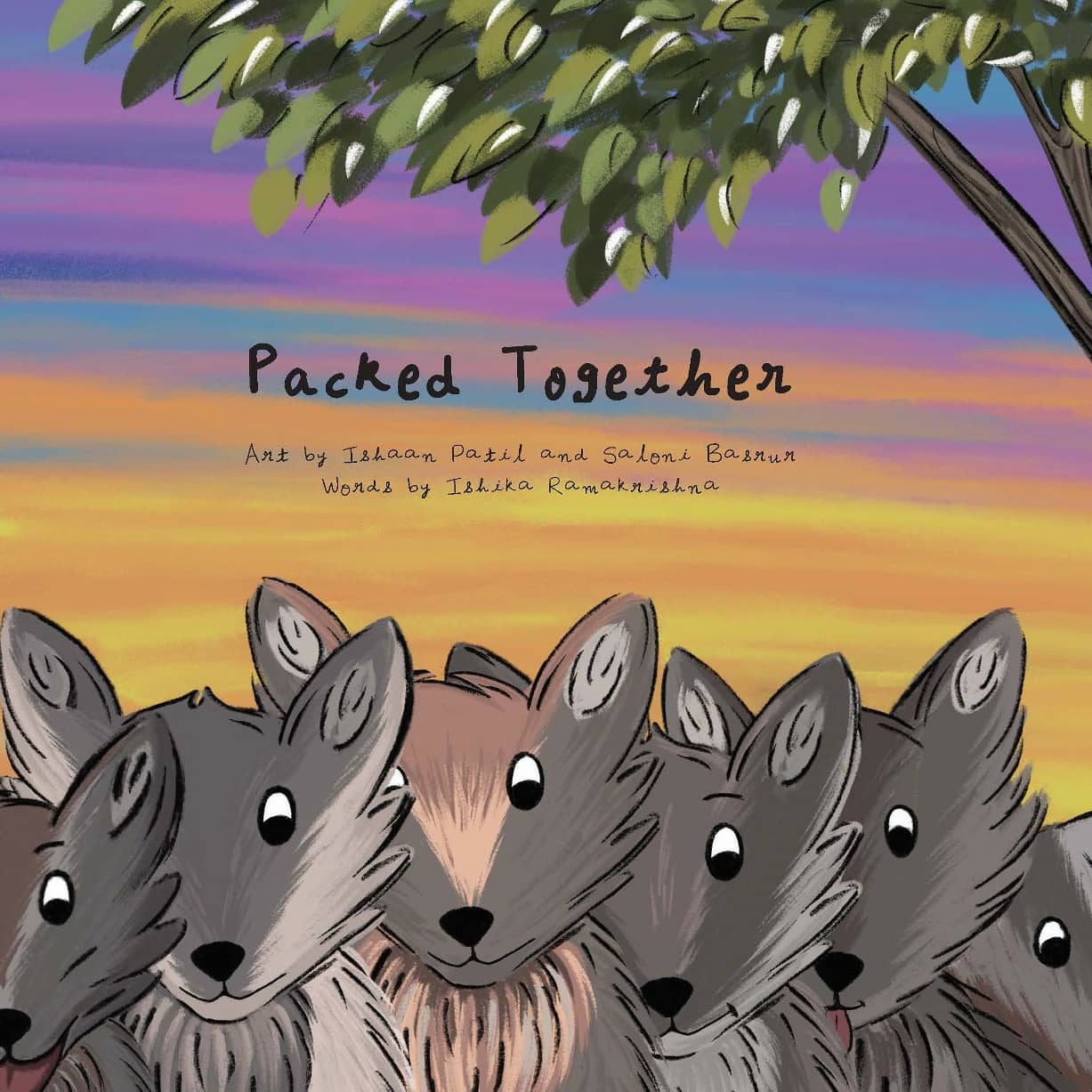Front cover of Packed together, showing a group of grey wolves facing forward in a sunset under a tree