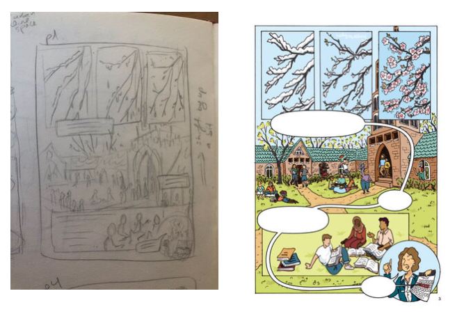 An early draft of the book compared to the final illustration.