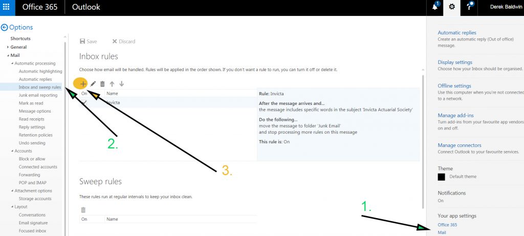 Screenshot from Office 365 Mail showing an example of using Inbox rules to filter out less relevant messages
