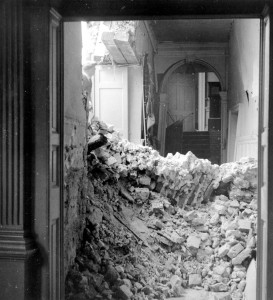 Interior photograph of the Deanery after bomb damage, 1940