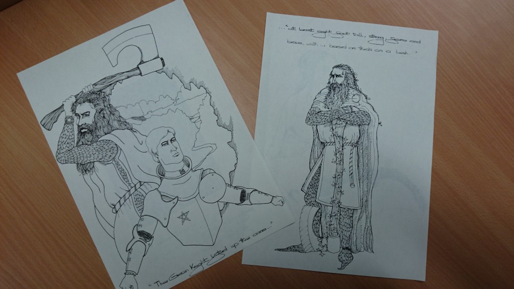 Two illustrations from the teaching booklet, featuring Gawain and the Green Knight themselves