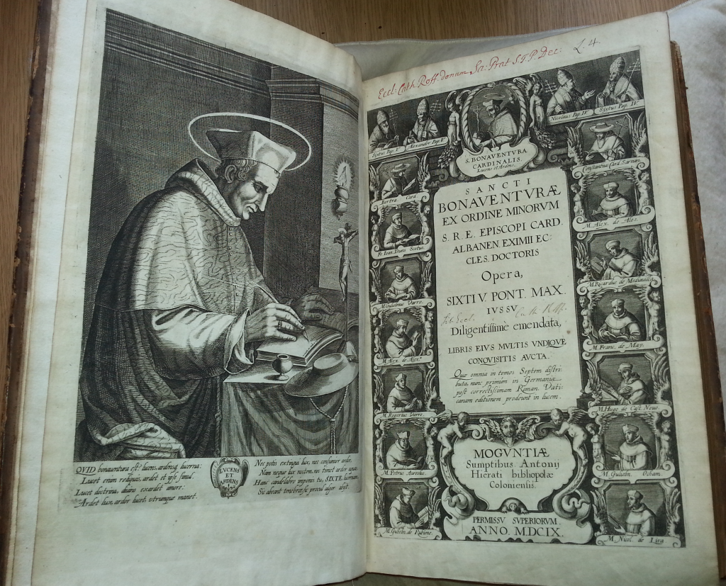 Title page and frontispiece from 'Sancti Bonaventurae ex Ordine Minorum S.R.E. Episcopi Card. Albanen. eximii Eccles. doctoris Opera'