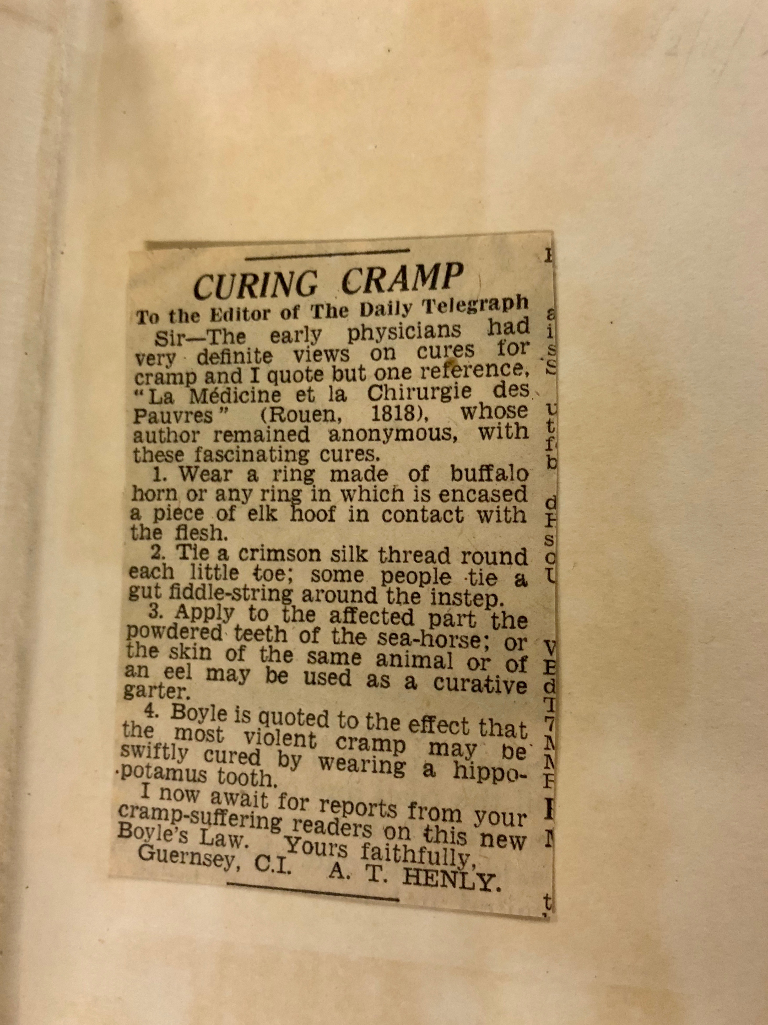 Suggested cures for cramps from ' Medicinal experiments : or, a collection of choice and safe remedies' by Robert Boyle, 1712, London. (Maddison Collection, F10463800)