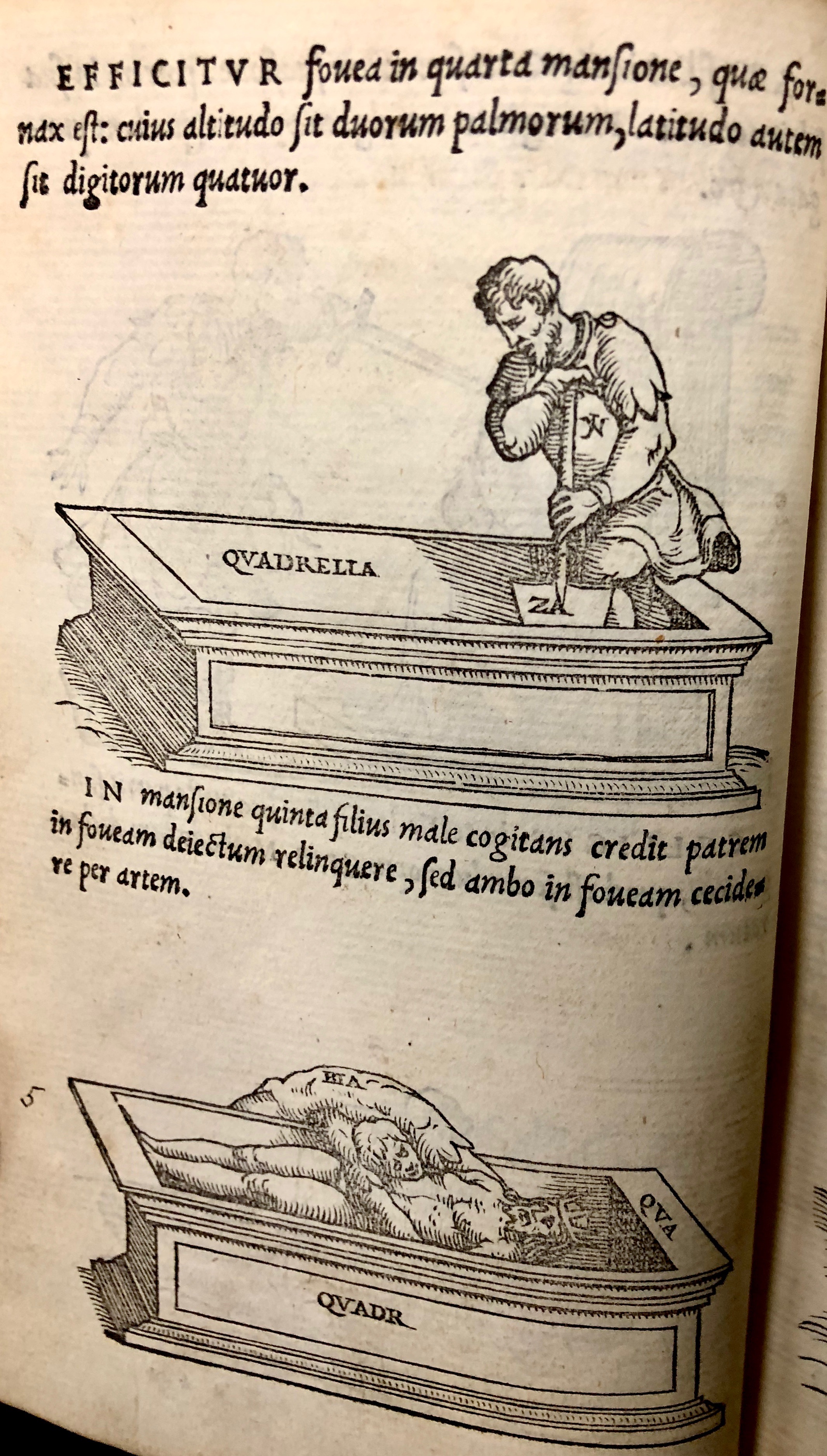Step four: dig a grave in the furnace room. Step five: the son throws his father, the King, into the grave - but oh no! He falls in too!  From ' Pretiosa margarita : novella de thesauro, ac pretiosissimo philosophorum lapide' by Giano Lacinio, 1546, Venice. (Maddison Collection 2B7, F10528400)