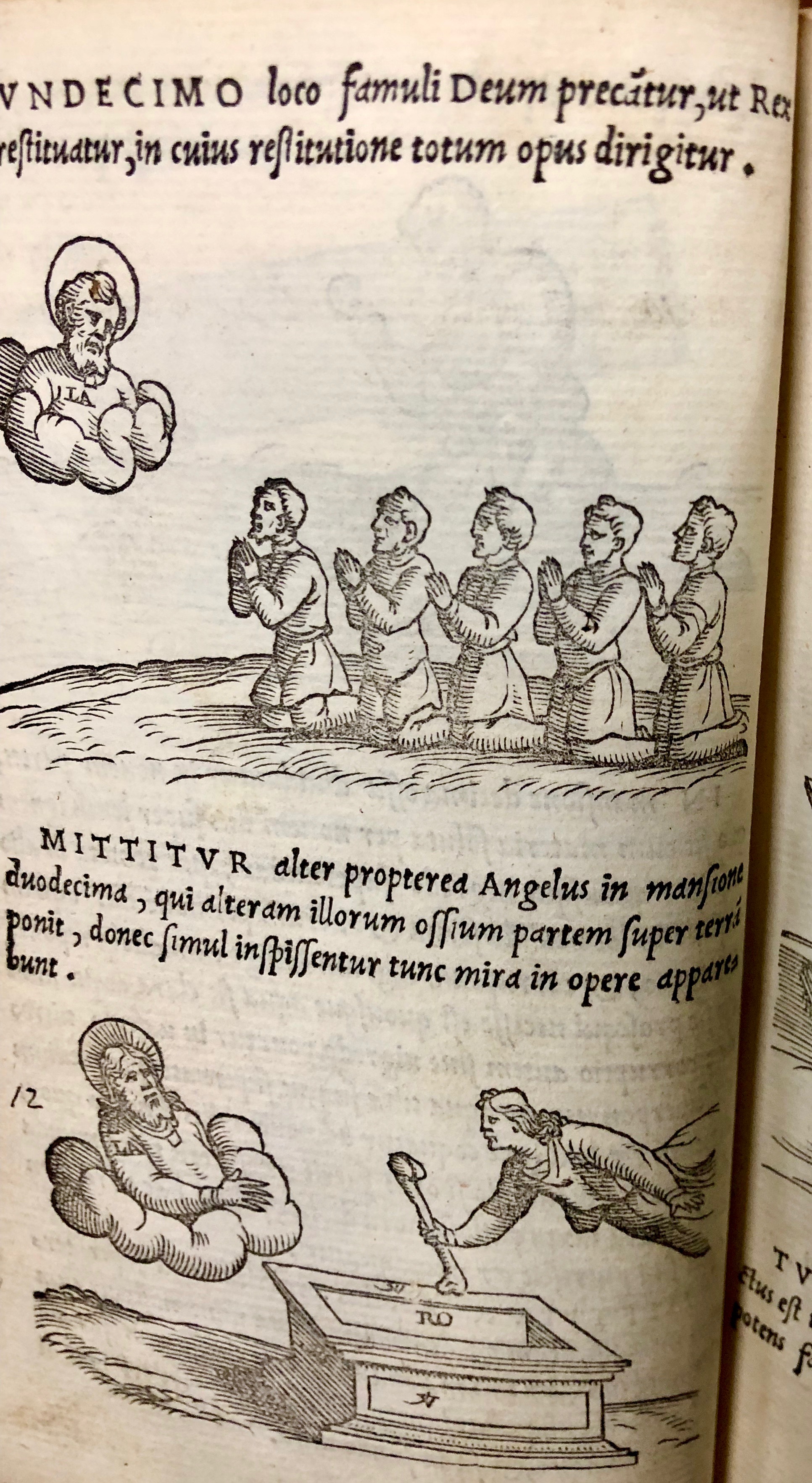 Step eleven: an angel is sent, and the servants pray for the return of their King.  Step twelve: a second angel places the bones on the earth until they are all thickened. From 'Pretiosa margarita : novella de thesauro, ac pretiosissimo philosophorum lapide' by Giano Lacinio, 1546, Venice. (Maddison Collection 2B7, F10528400)