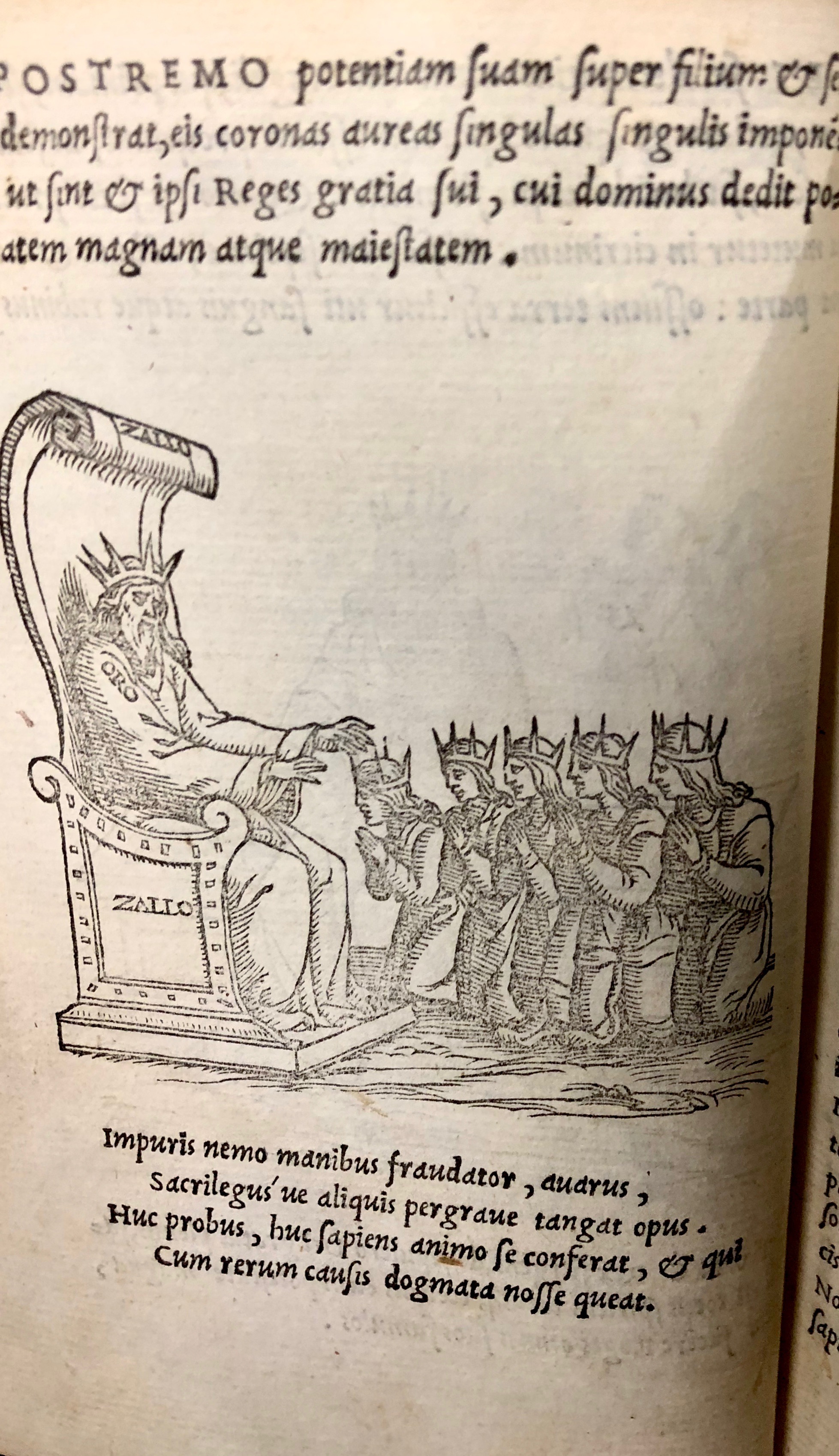 Step fourteen: the newly humbled King decides to share his power with his sons and servants. The end.  From 'Pretiosa margarita : novella de thesauro, ac pretiosissimo philosophorum lapide' by Giano Lacinio, 1546, Venice. (Maddison Collection 2B7, F10528400)