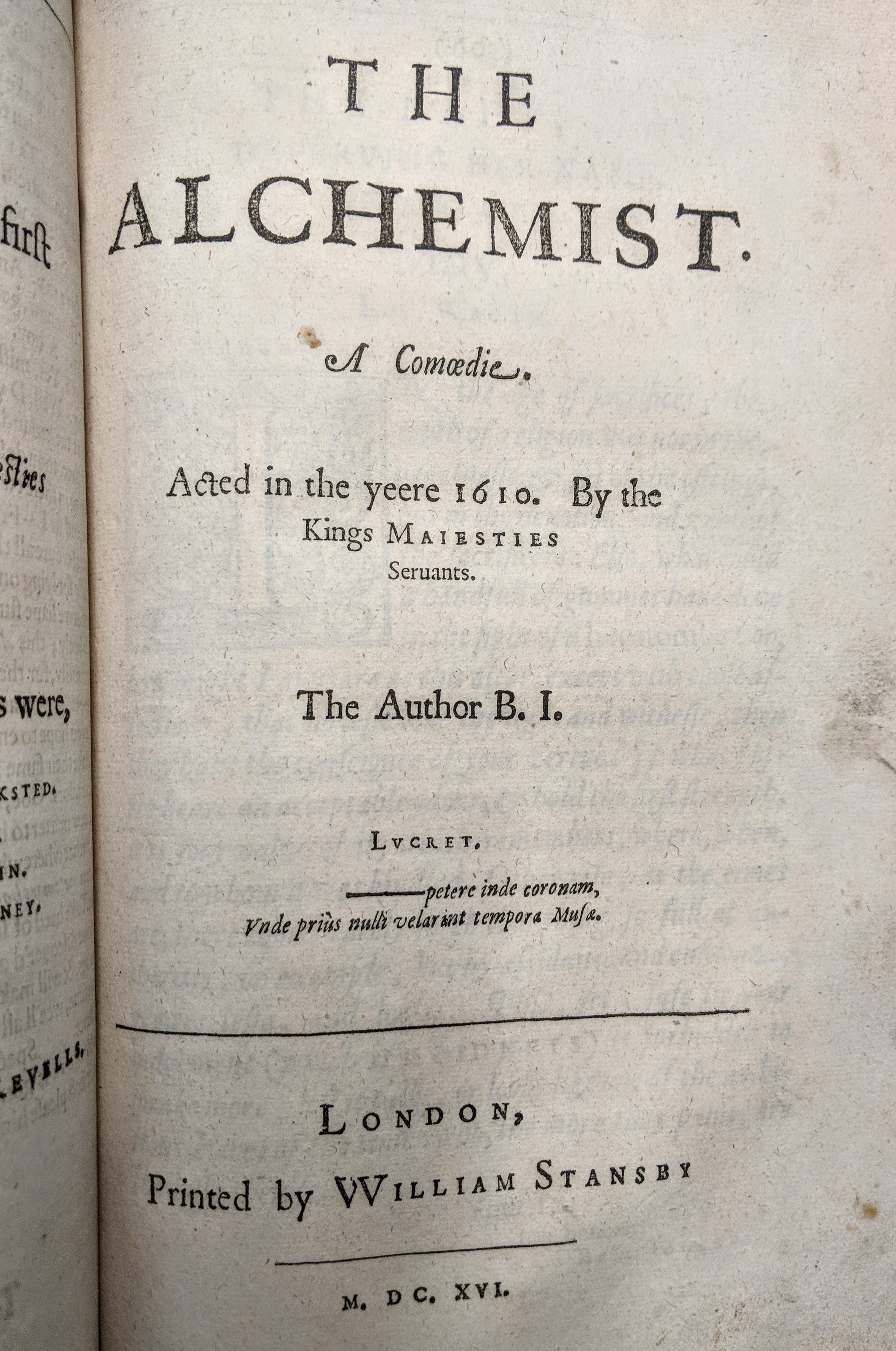 Title page from 'The Alchemist' by Ben Jonson in Jonson's First Folio of 1616.