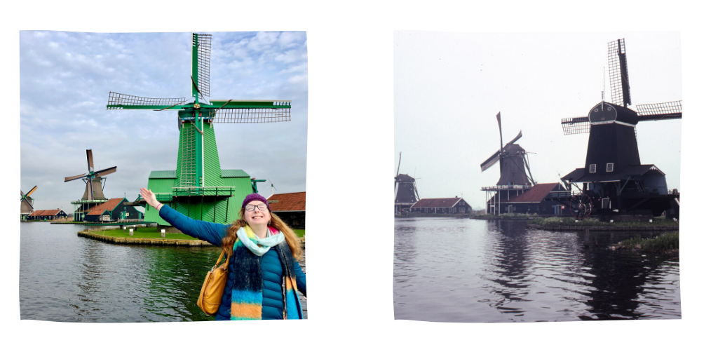 Zaanse Schaans windmills in 2018 and 1982.