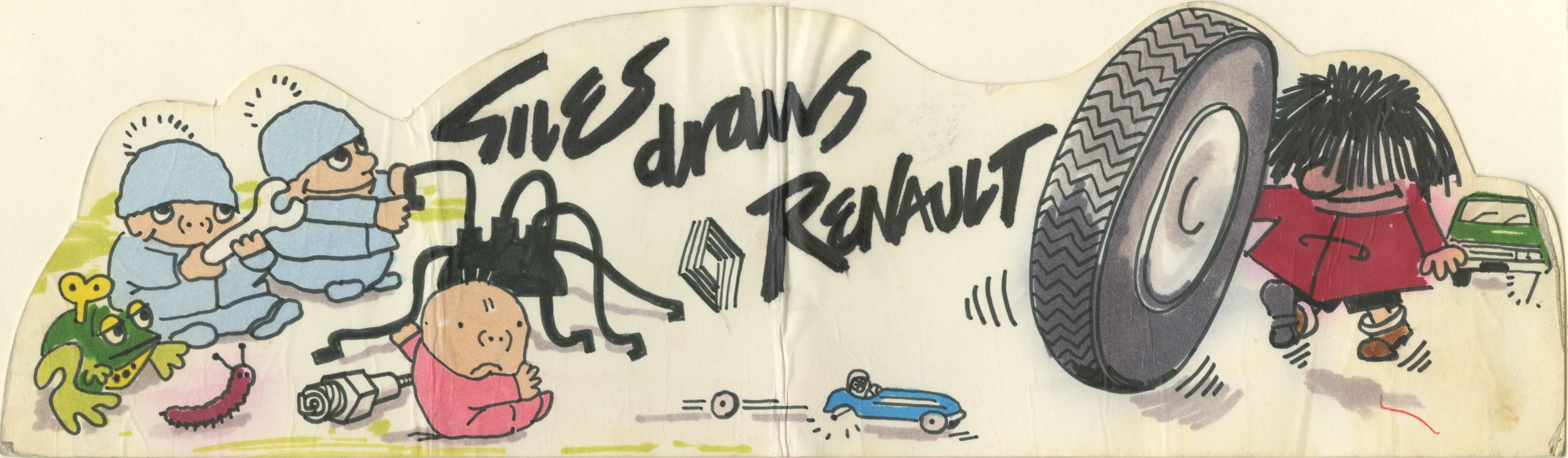 Sample colour artwork advertising Renault cars - Carl Giles, c.1975 (Image ref: GACS00008)