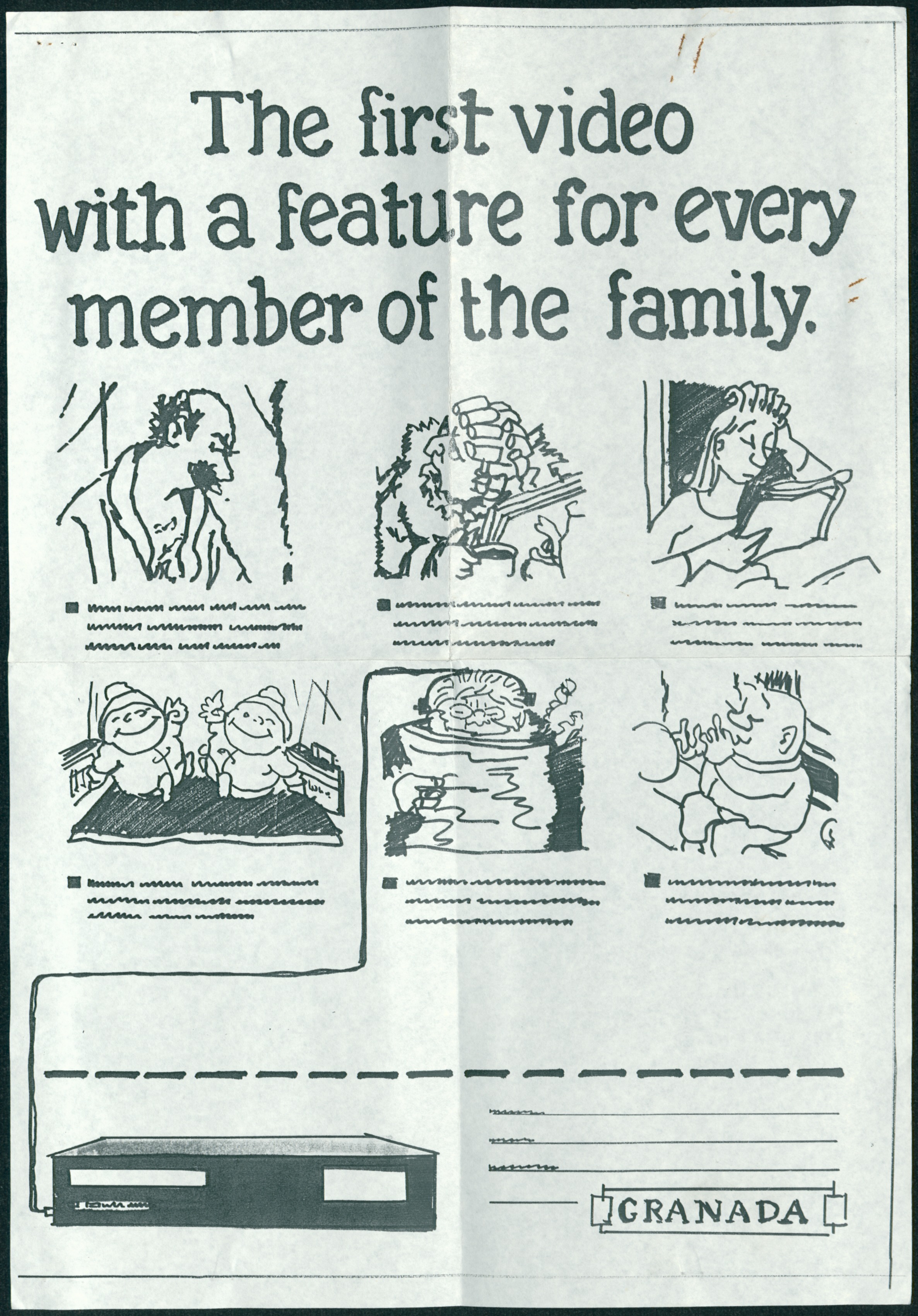 Photocopy of rough draft for proposed advert for Granada video players featuring members of the Giles family; sent by Group X Advertising with request for Giles to draw the final version - Group X Advertising, undated (Image ref: GACS00593)