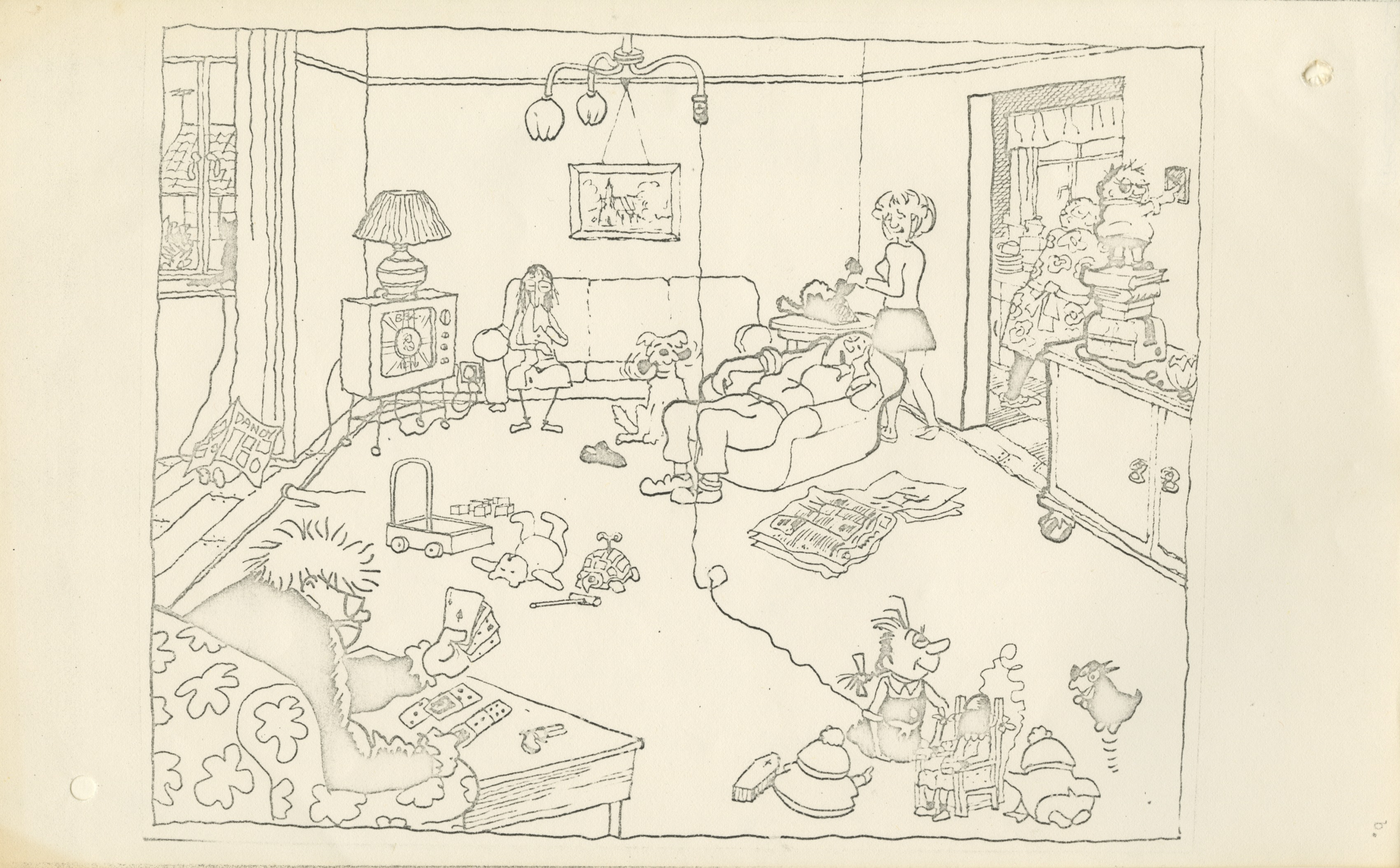 Drawing of opening scene of draft script for an episode of an animated comedy series about the Giles Family - James McClure, undated (Image ref: GACS00775C)