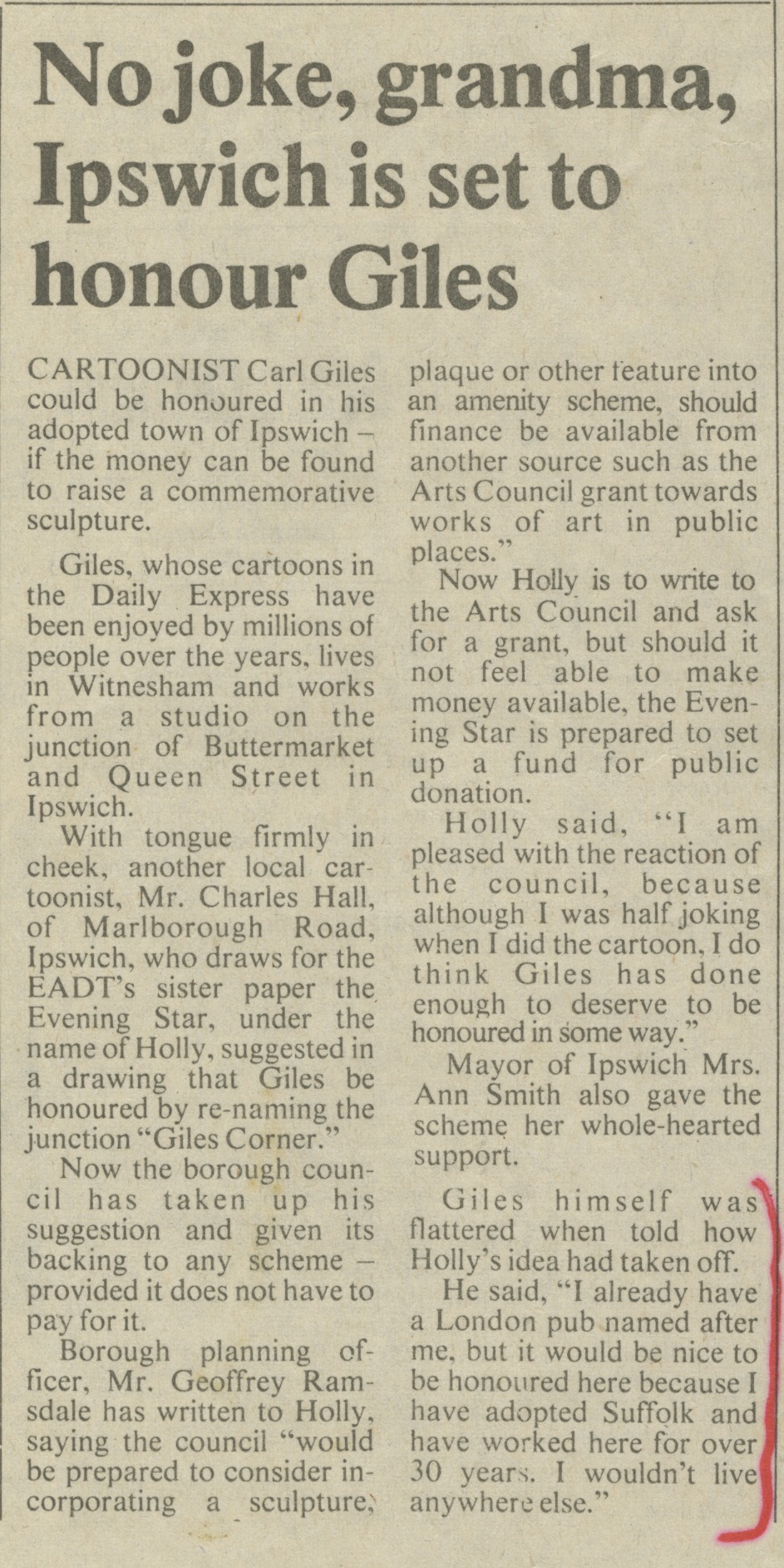 Article entitled 'No joke, grandma, Ipswich is set to honour Giles', about the proposed Giles statue in Ipswich - East Anglian Daily Times, 6 June 1981 (Image ref: GAPA0075)