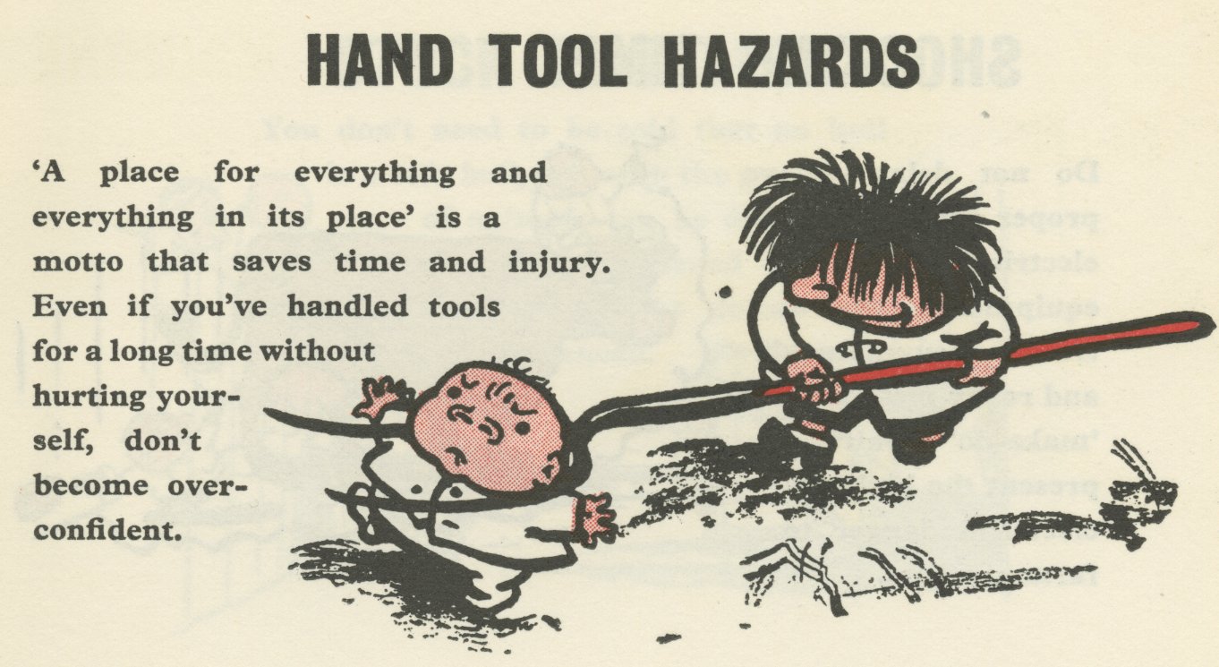 Part of cover cartoon in booklet 'Safe hands on the Land' - Carl Giles, Royal Society for the Prevention of Accidents, 1956 (Image ref: GAPC0244)