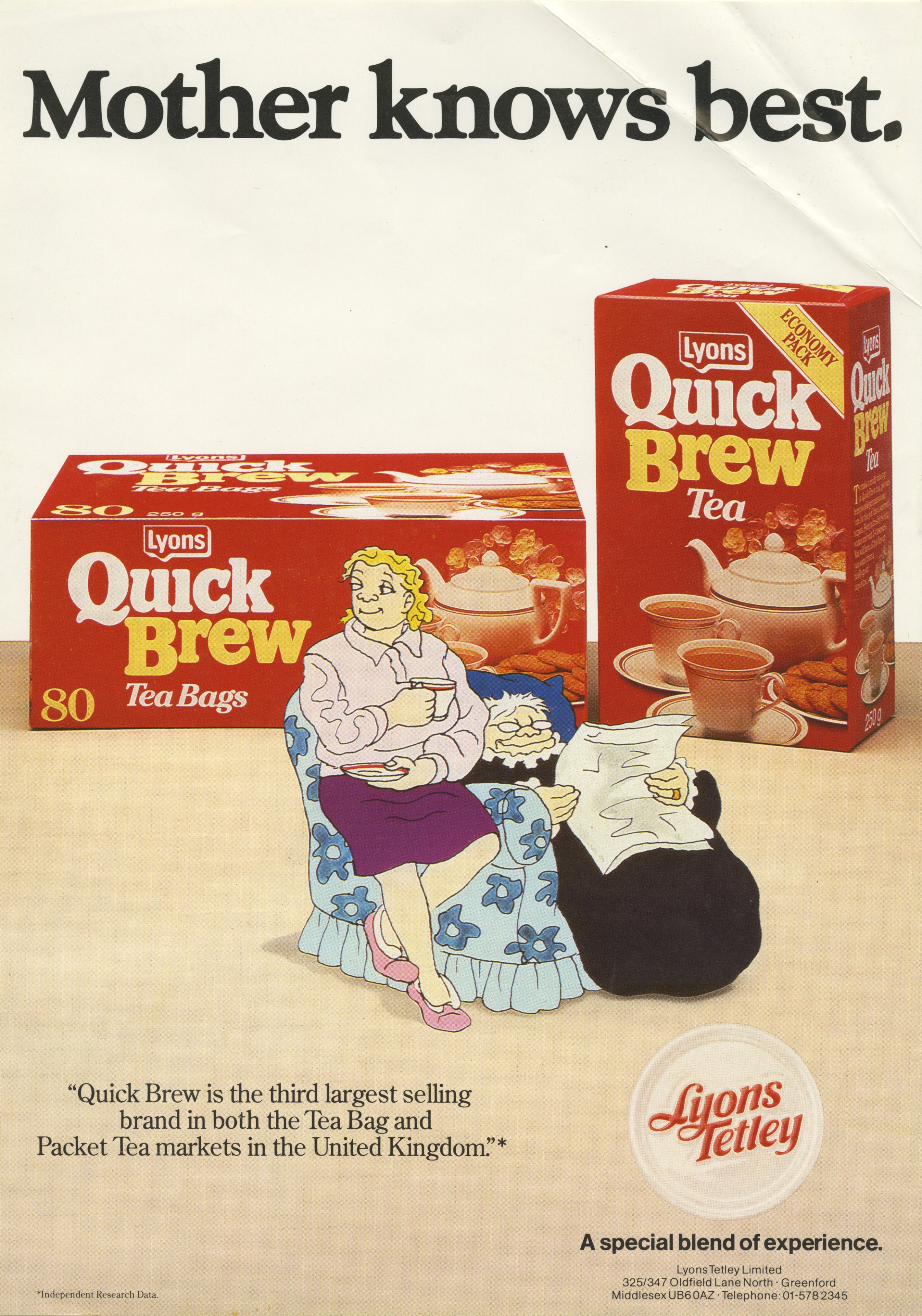 Colour advert for Lyons Quick Brew tea bags with Giles cartoon - Carl Giles, c.1985 (Image ref: GAPC0612)