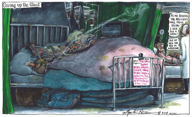 A complex cartoon by Martin Rowson entitled 'Giving up the Ghost'. Prime Minister Boris Johnson lies in a hospital bed with several other Conservative MPs looking rather ill as a ghostly Theresa May floats away. A curtain pulled back reveals a confused Jeremy Corbyn in the next bed.