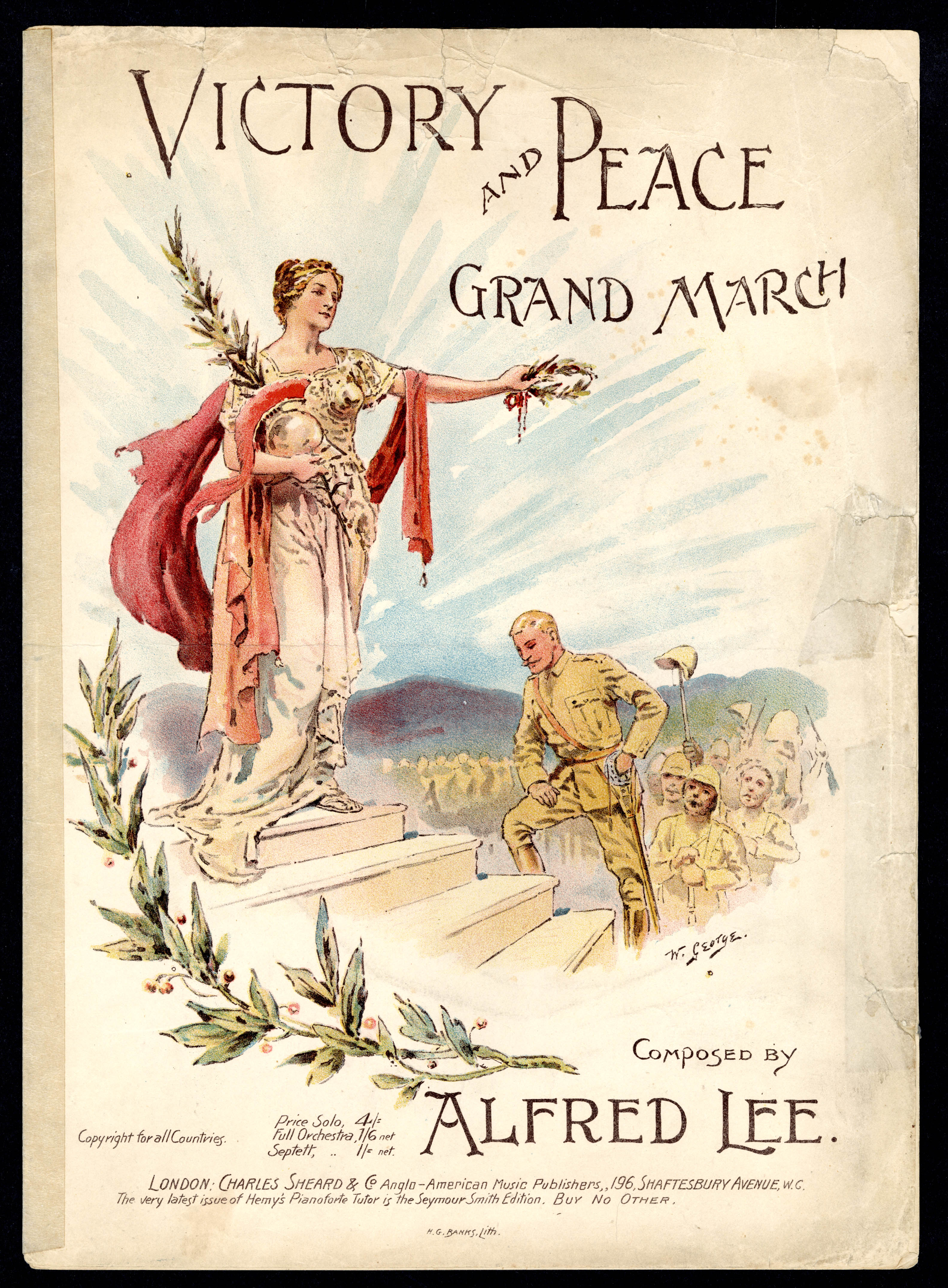 Colour illustrated cover of a music sheet from the Max Tyler Music Hall Collection entitled Victory and Peace Grand March