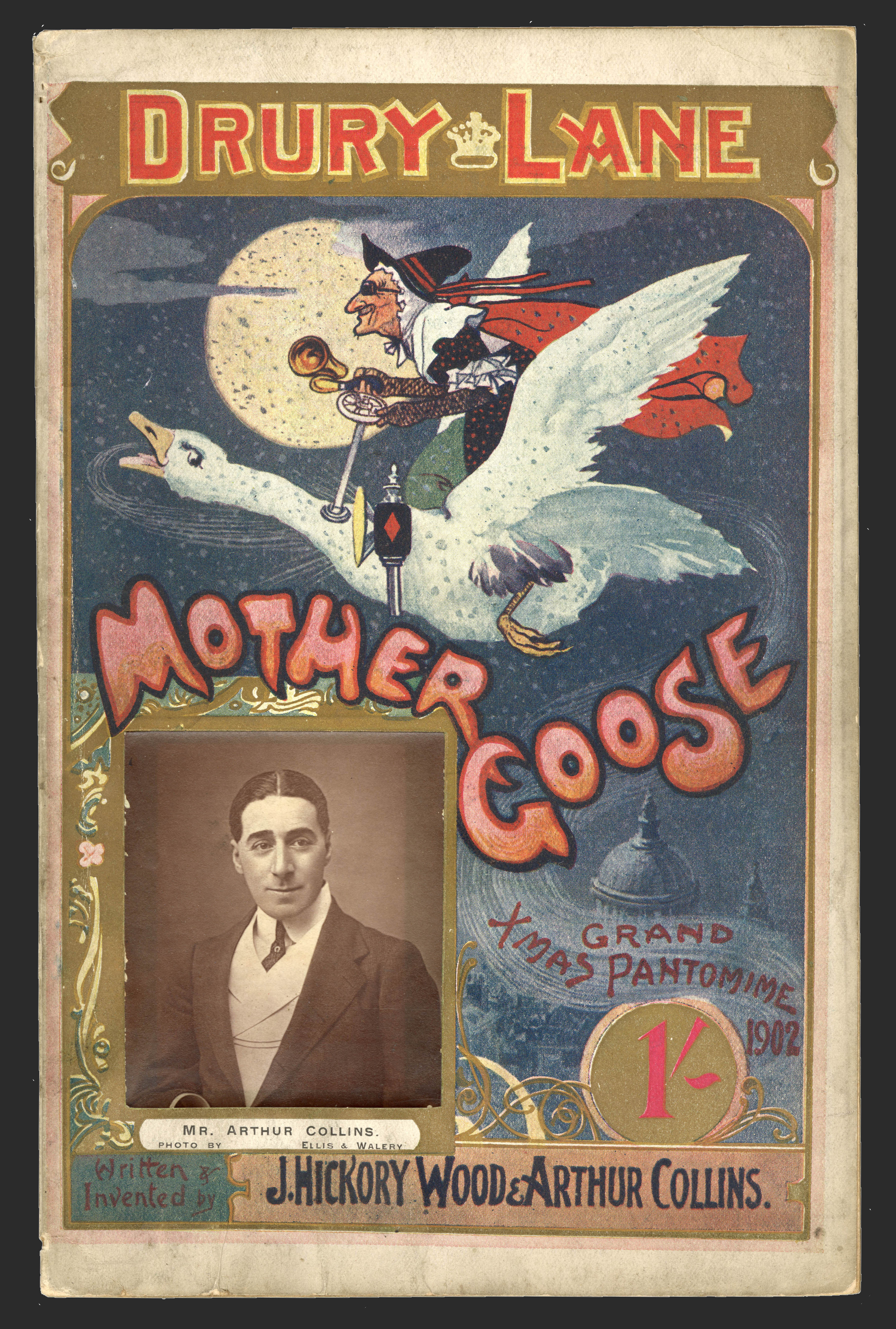 Brightly illustrated programme cover for the Mother Goose pantomime at Drury Lane. [David Drummond Pantomime Collection]