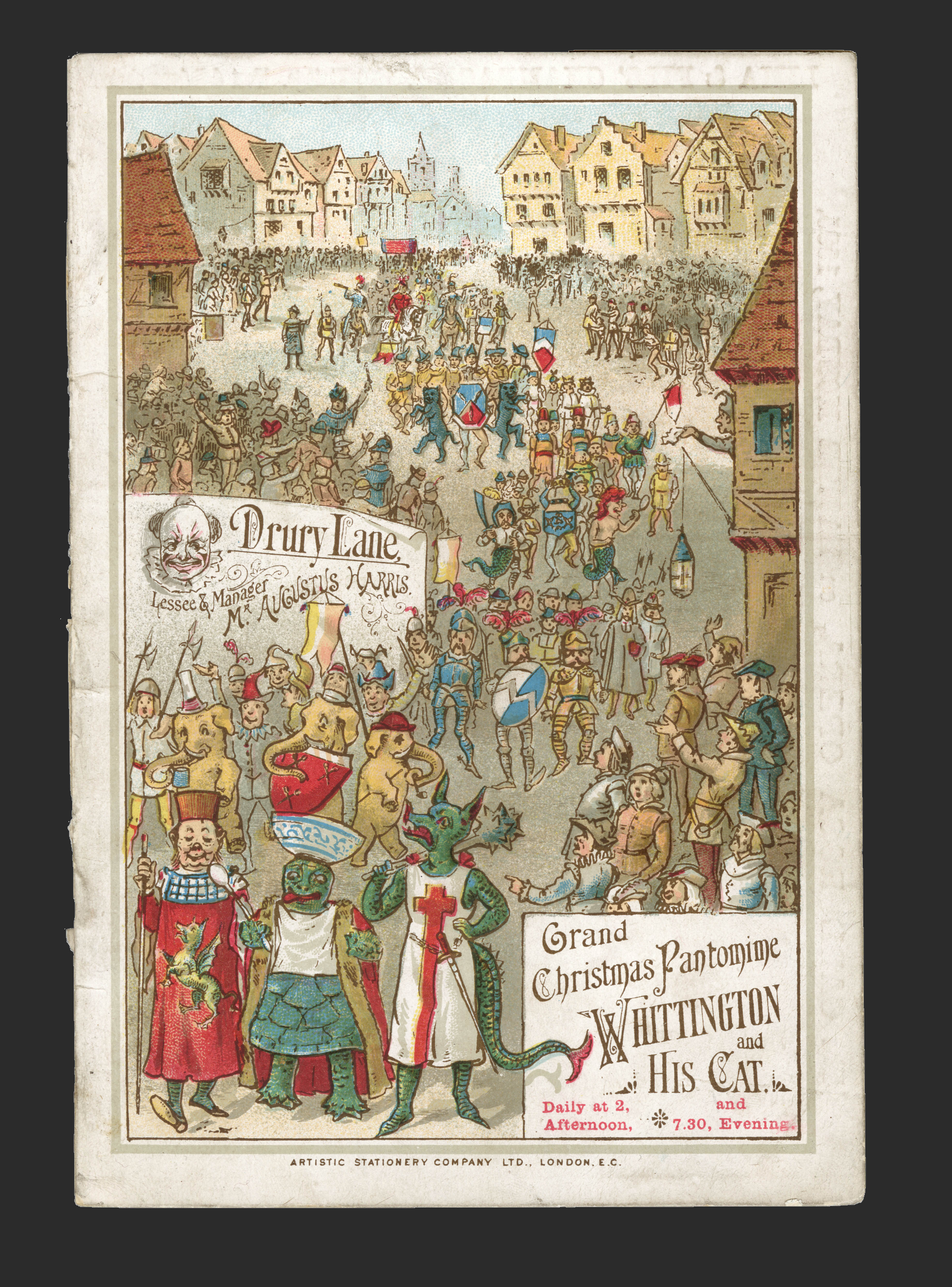 Programme for the pantomime Dick Whittington, performed at Drury Lane theatre. The lavishly illustrated cover depicts hoards of people parading through a traditional town street.