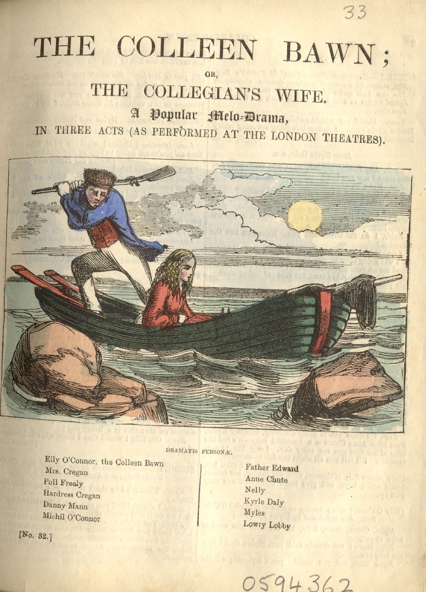 Title page of a Penny Pictorial edition of Dion Boucicault's play The Colleen Bawn, showing the famous drowning scene
