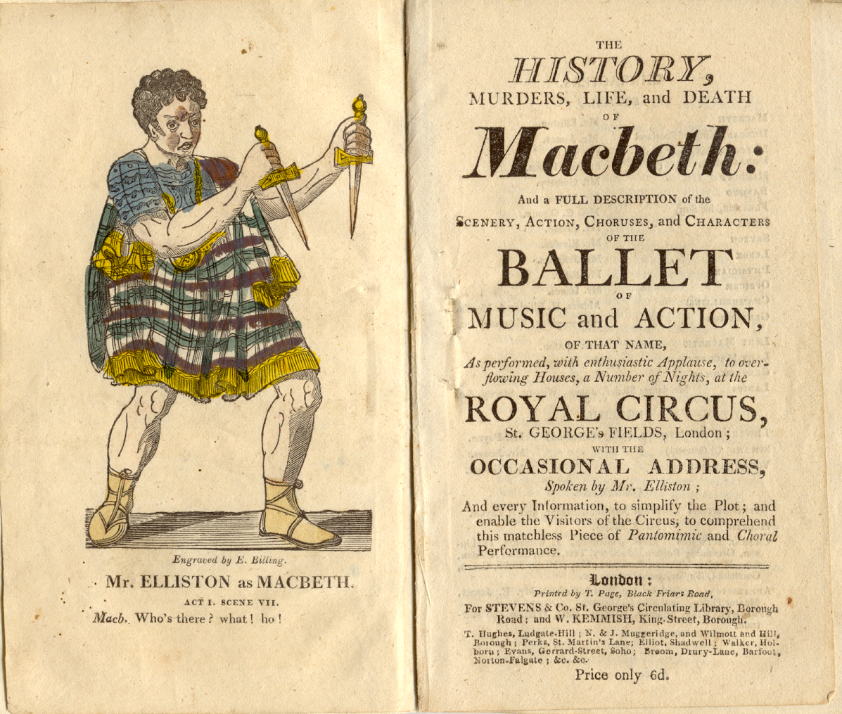 Title page for a ballet version of Macbeth, complete with am illustration of Macbeth holding two daggers. from the Pettingell collection.