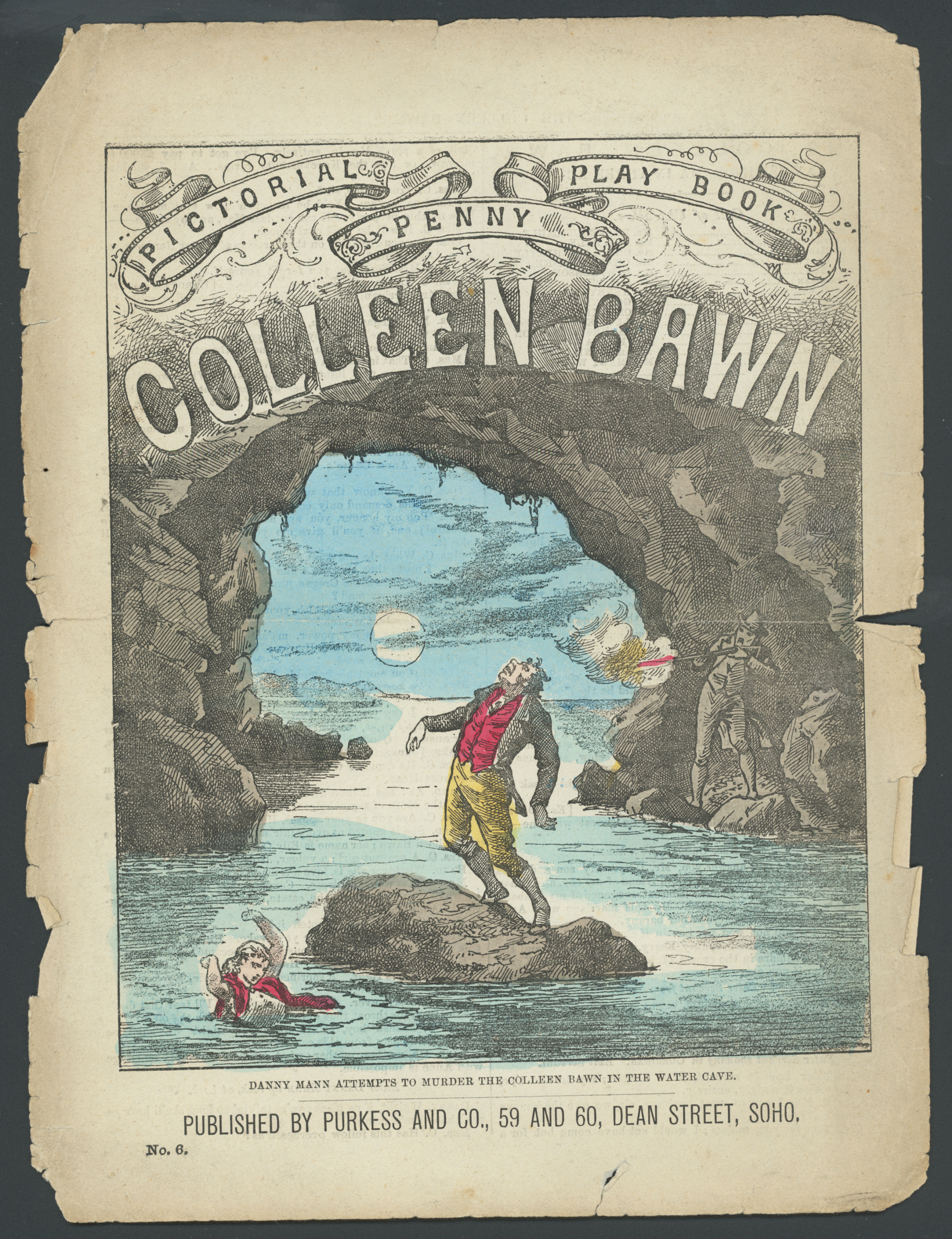 Front cover of a Penny Pictorial Play Book of 'The Colleen Bawn' by Dion Boucicault, featuring a colour illustration of a scene from the play.